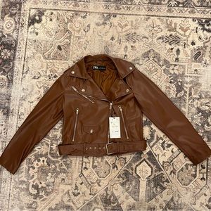 Zara Brown Faux Leather Jacket Size M